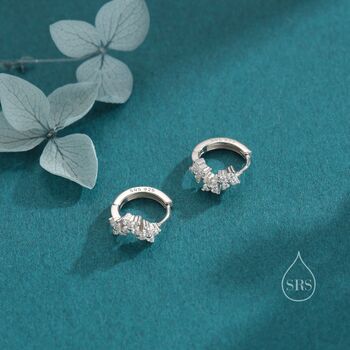 Sterling Silver Hydrangea Flower Bouquet Cz Huggie Hoop Earrings, 7 of 11