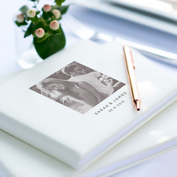Wedding Couple Photo White Leather Guest Book, 2 of 6