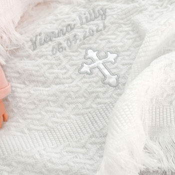 Personalised Christening Embroidered Shawl Satin Cross, 3 of 8