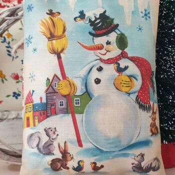 Vintage Christmas Snowman Illustration Fabric Pillow, 5 of 6