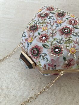 Multicoloured Handcrafted Statement Floral Pearl Mirror Clutch, 9 of 11