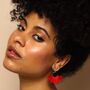 Mabel Coral Red – Art Deco Silky Tassels And Deco Brass Statement Dangle Earrings, thumbnail 3 of 5