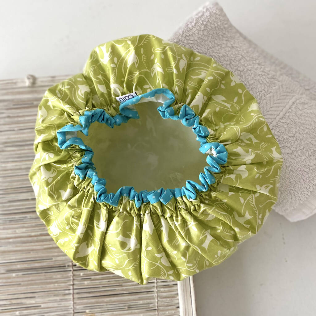 Waterproof Shower Cap In Dijon Yellow Swallow Print By Caro London