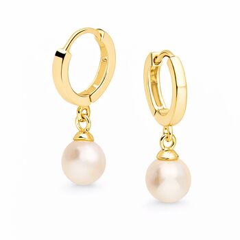 Gold Plated Sterling Silver Freshwater Pearl Huggie Hoop Earrings – 7mm Pearls, 5 of 6