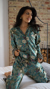 Turquoise Silk Blend Pyjama Set, 3 of 4