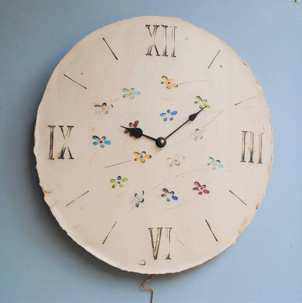Large Pendulum Wall Clock. Roman Numerals And Flowers By IGstudio