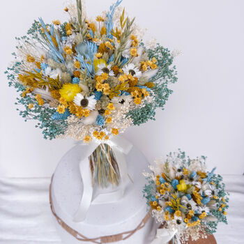 Blue And Yellow Dried Flower Bouquet With Daisies, 2 of 7