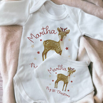 My First Christmas Hand Drawn Reindeer Baby Outfit, 2 of 6