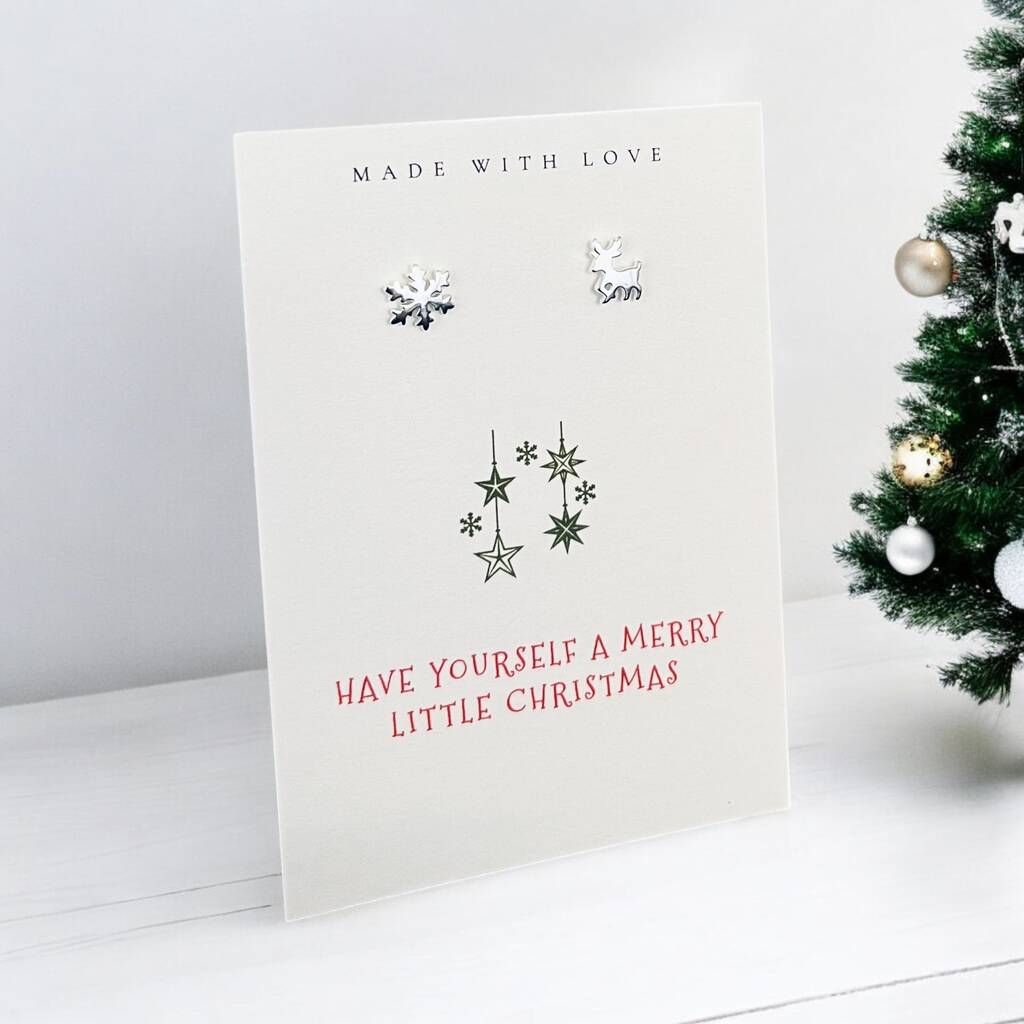 Merry Little Christmas Reindeer And Snowflake Sterling Silver Earrings, 1 of 7