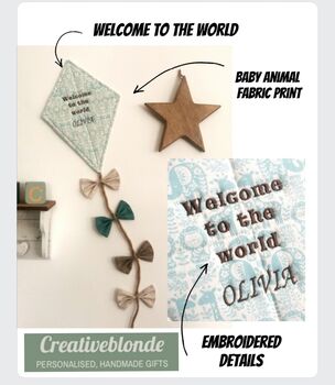 Welcome To The World, Hanging Fabric Kite, Turquoise Cotton With Baby Animal Print And Four Fabric Bows, 3 of 11