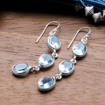 Sterling Silver Triple Blue Topaz Dangly Earrings, 2 of 4