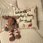 Personalised Santa Please Stop Here Cushion, Kids Santa Christmas Cushion, thumbnail 1 of 12