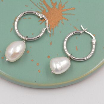 Sterling Silver Detachable Baroque Pearl Charms Huggie Hoop Earrings, 6 of 12