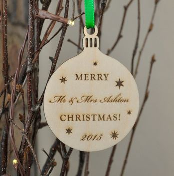 Personalised Wooden Mr And Mrs Bauble, 2 of 4
