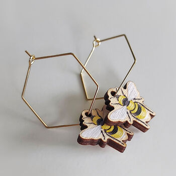 Bee Charm Gold Plated Hexagonal Hoop Earrings, 5 of 7