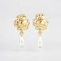 Gold Pansy And Pearl Drop Stud Earrings, thumbnail 3 of 8