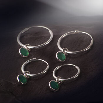 Hoop Earrings With Green Onyx Charm In Sterling Silver, 3 of 5