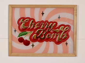 'Cherry Bomb' Reverse Glass Gold Leaf Wall Art Sign, 6 of 12