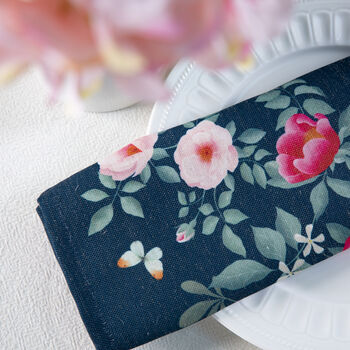 Luxury Linen Like Floral Napkins Rose Garden Navy Blue, 4 of 6