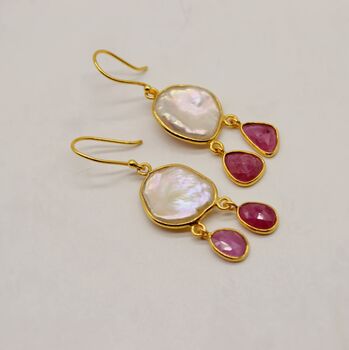 Pearl Ruby Earrings, June, July Birthstone Dangle Drop Gold Earrings, 4 of 8