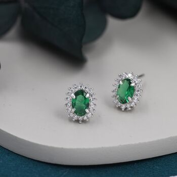 Emerald Green Oval Cz Stud Earrings In Sterling Silver, 4 of 11