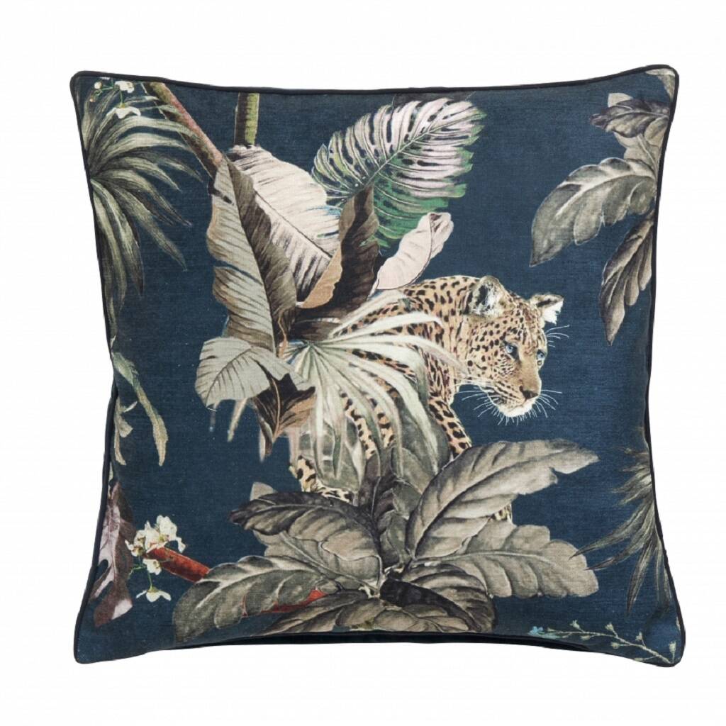Dark Blue Velvet Jungle Cushion Cover By Bell & Blue