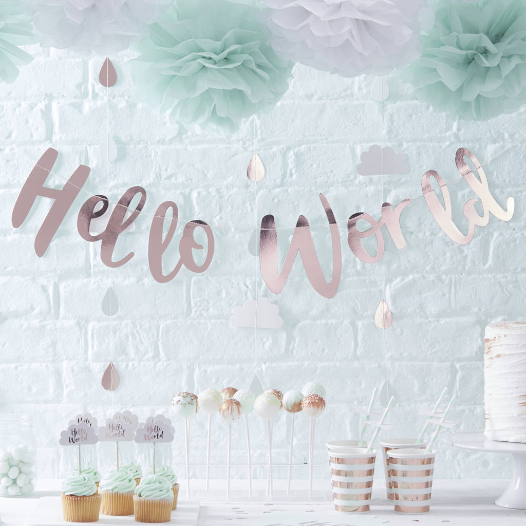 Rose Gold Hello World Baby Shower Bunting Banner, 1 of 3