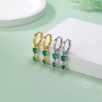 Double Emerald Green Cz Huggie Hoop Earrings, 3 of 11