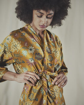 Yellow Floral Silk Blend Kimono Dressing Gown, 4 of 5
