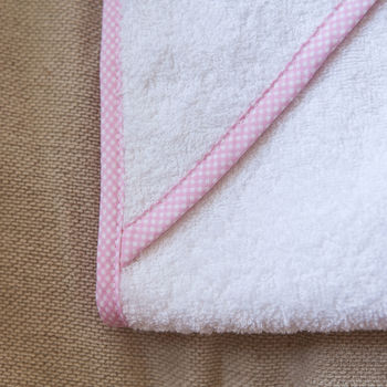 Personalised Baby Hooded Towel Edged In Pink Gingham, 4 of 7