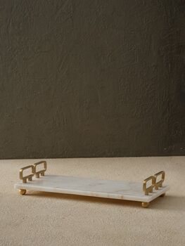 Handmade Rectangular White Marble Tray With Gold Square Handles, 8 of 9