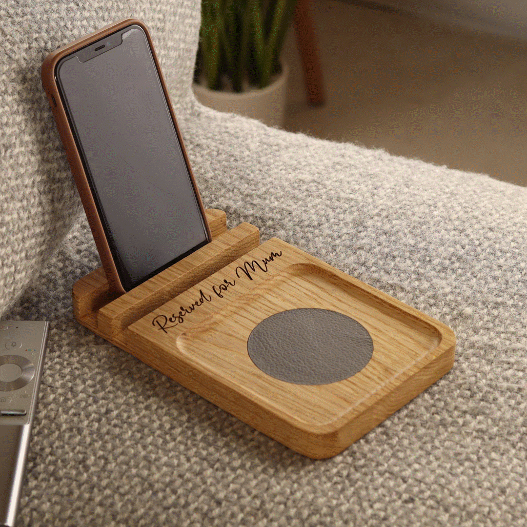 Personalised Solid Walnut Sofa Coaster Phone Stand, thumbnail 5 of 12