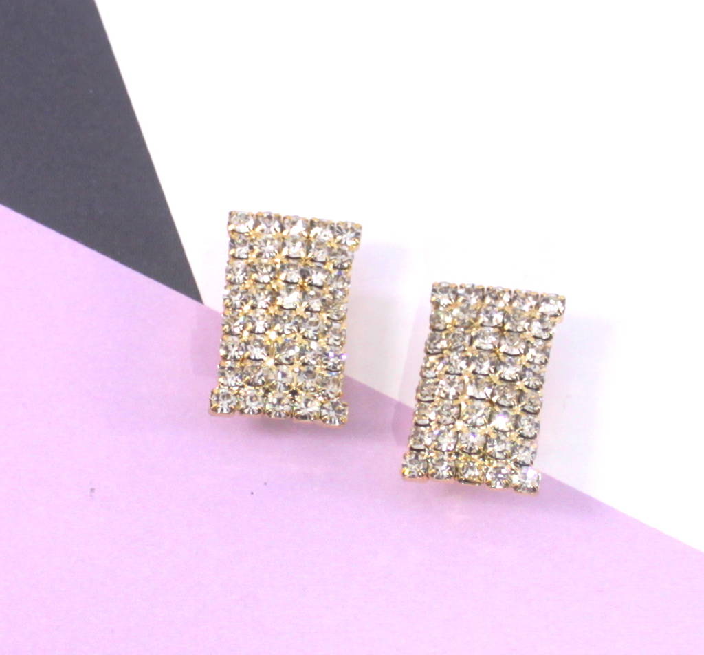 Statement Rectangle Crystal Clip On Earrings By Lucy Loves Neko
