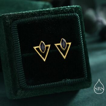 Sterling Silver Triangle And Sapphire Blue Marquise Cz Arrow Stud Earrings, 3 of 12