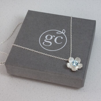 March Birthstone Aquamarine Cz Silver Flower Necklace, 4 of 5