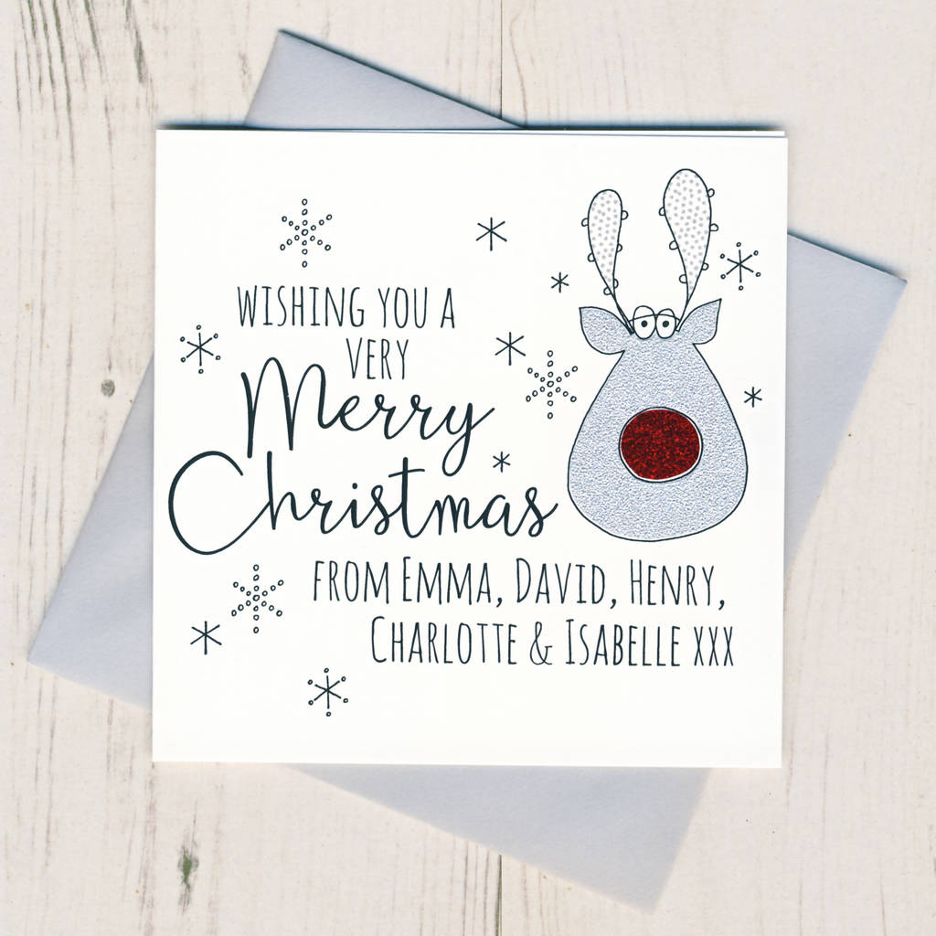 Ten Personalised Glittery Rudolf Christmas Cards