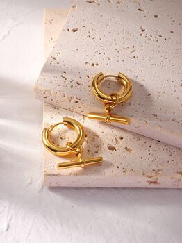 Chunky 18 K Thick Gold Plated T Bar Hoop Earrings, 3 of 7