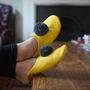 Yellow Leather Babouches Slippers With Grey Pompoms, thumbnail 1 of 3