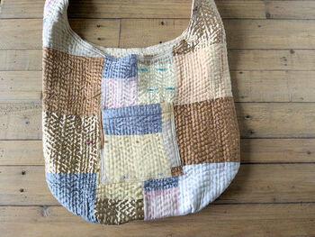 Quilted Kantha Stitched Silk Sari Crossbody Purse: Fair Trade Patchwork Weekender Carryall Bag, 7 of 7