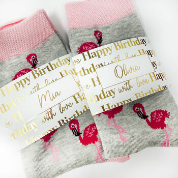 Birthday Flamingo Bamboo Socks With Gold Foil Label And Option To Personalise, 2 of 12
