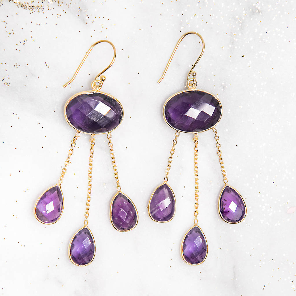 Amethyst Gold Drop Statement Earrings By Roce Shepherd Jewels Amethyst Gold Drop Statement Earrings