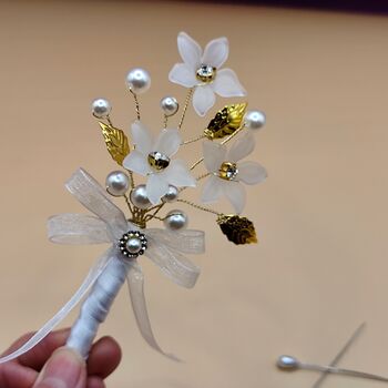 Pearl And Gold Wedding Boutonniere For Groom And Groomsmen, 3 of 11