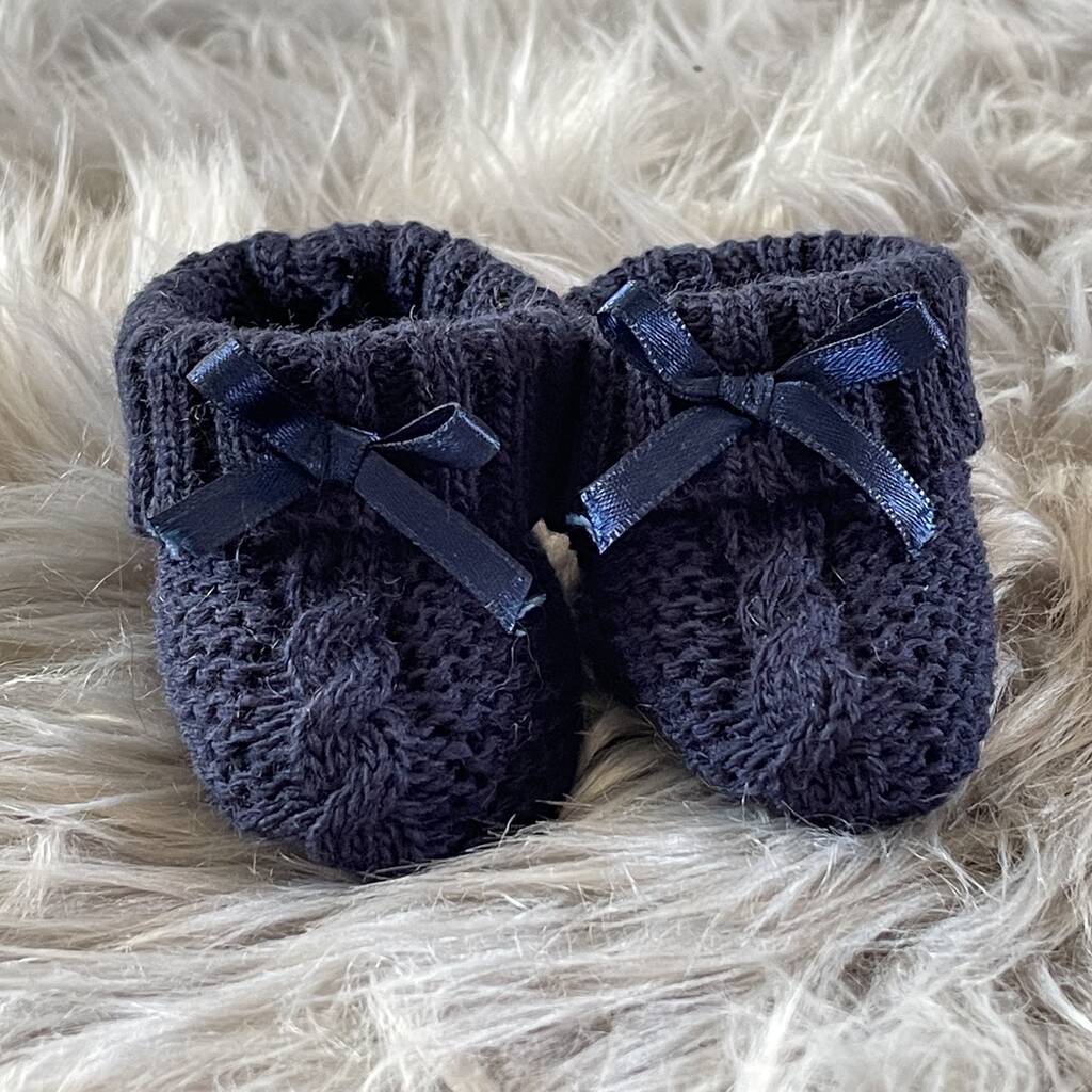 Navy Blue Knitted Baby Booties With Bow, 1 of 6
