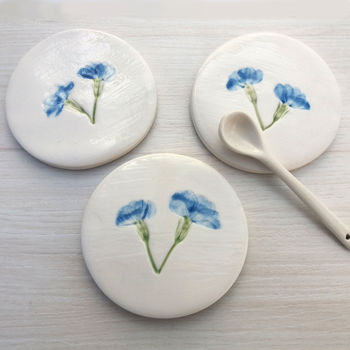 Handmade Ceramic Coasters With Blue Flowers, 4 of 4