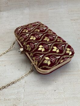 Deep Maroon Velvet Embroidered Handcrafted Clutch Bag, 8 of 8