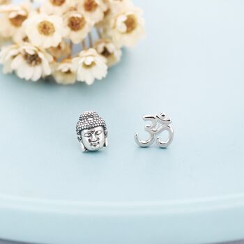 Mismatched Buddha Head And Om Stud Earrings In Sterling Silver, 7 of 12