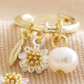 Daisy, Pearl And Feather Hoop Earrings In Gold Plating, 3 of 7