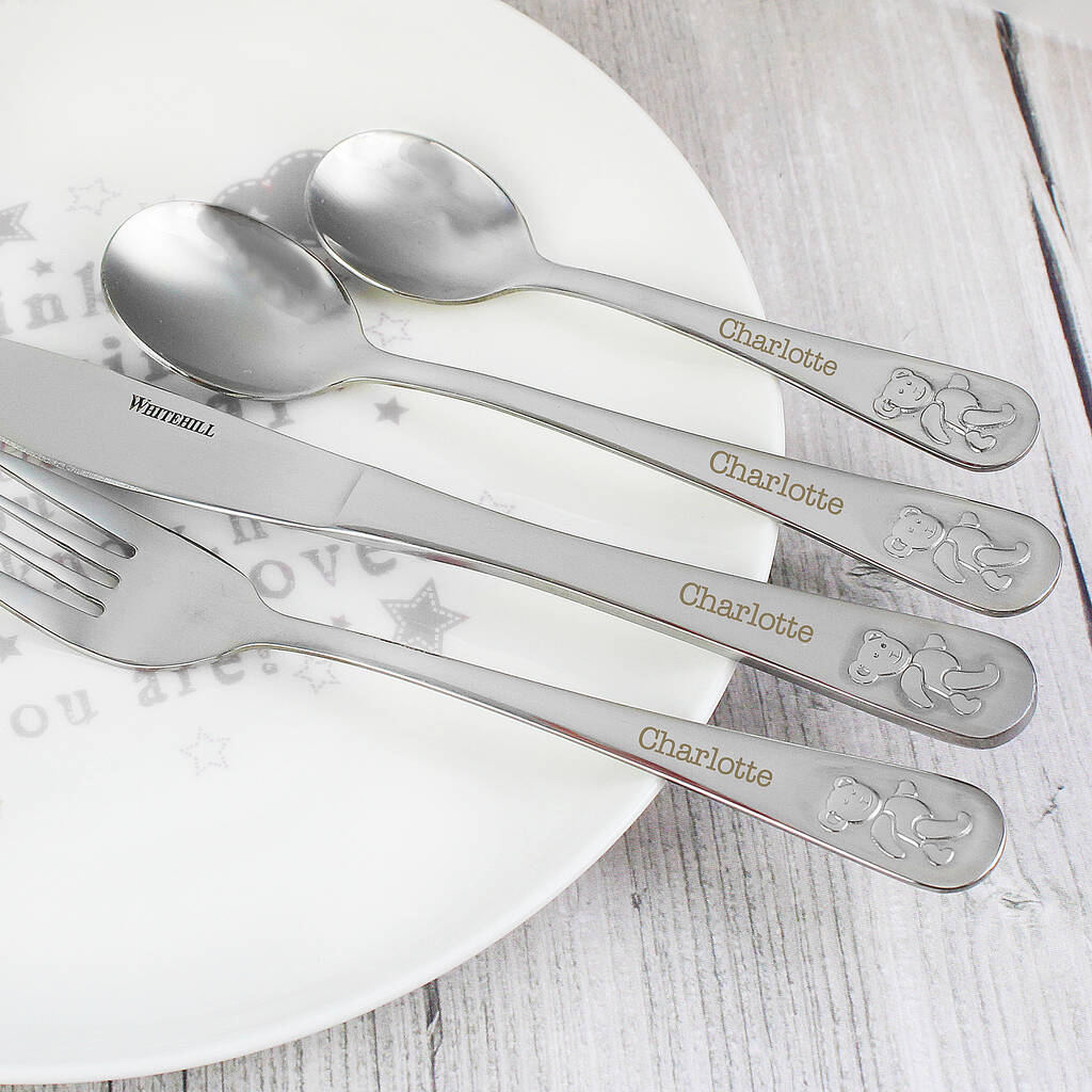 Personalised Teddy Four Piece Embossed Cutlery Set, 1 of 5