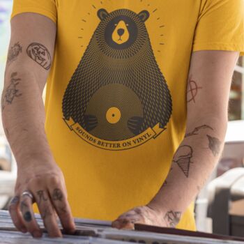 Vinyl Record Bear Adult Men's T Shirt, 3 of 9