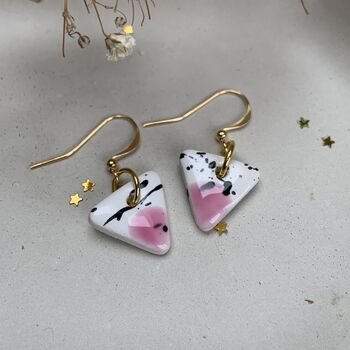 Ceramic Triangle Earrings Pink White And Black Speckled Dangle Earrings With Gold Hooks, 5 of 11